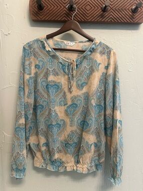 Paisley Tie-Neck Blouse in Blue and Cream
